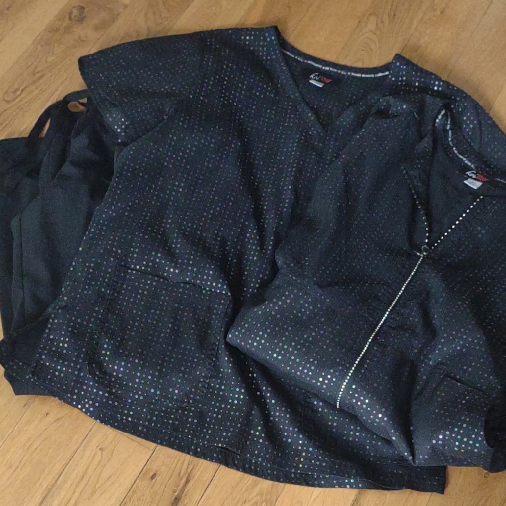 Koi Black Scrub Top and jacket with Subtle Dots and plain black jogger bottoms